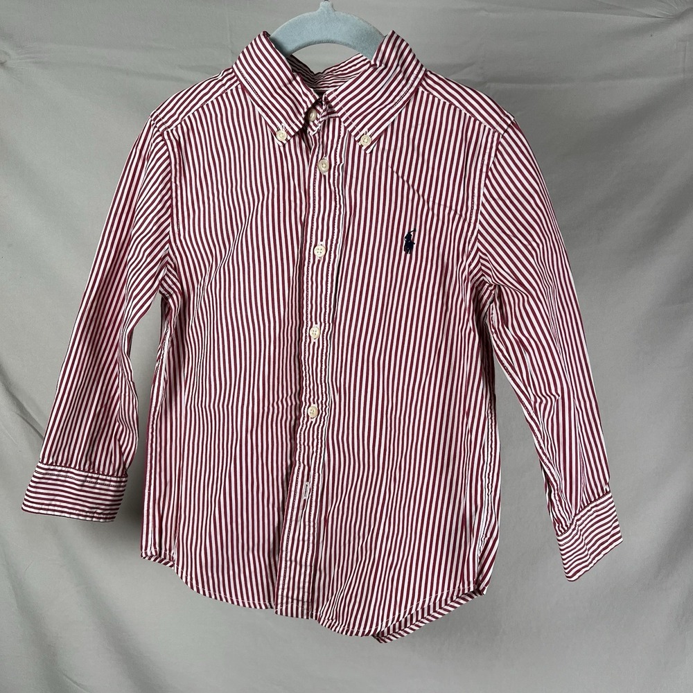 Ralph Lauren Boys Red/White Stripped Cotton Button Down Long Sleeve Shirt size 4